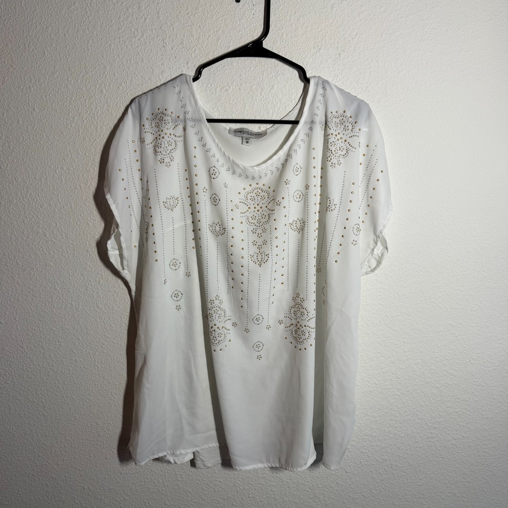 Tempted Hearts Los Angeles Blouse Top Womens 3X White Embellished Studded Casual